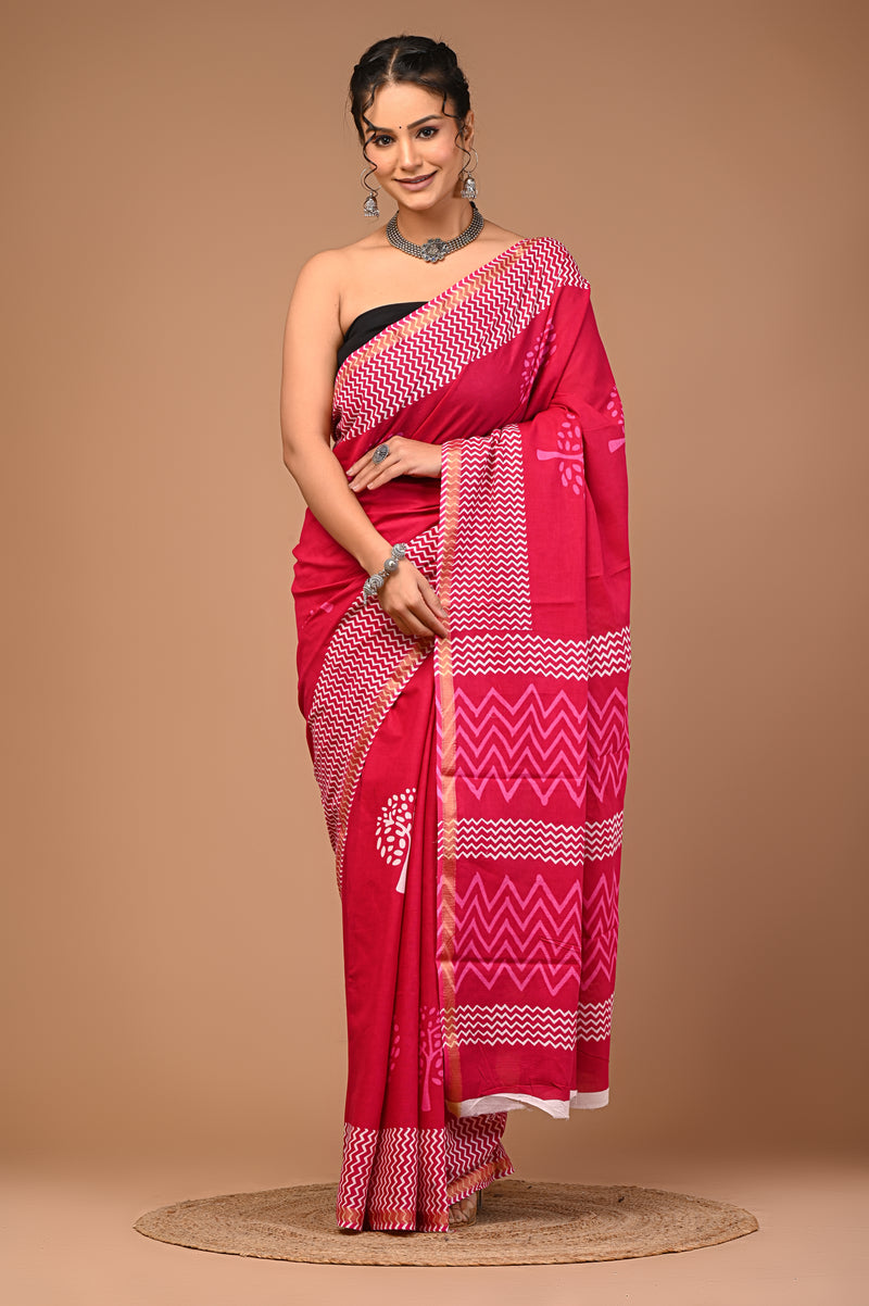 Lovwear Pink White Tree Cotton MulMul Saree with Zari Border - Pallu & Border Detail View
