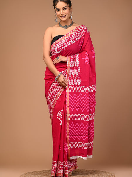 Lovwear Pink White Tree Cotton MulMul Saree with Zari Border - Pallu & Border Detail View