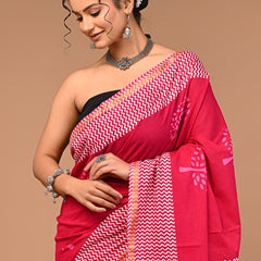 Lovwear Pink White Tree Cotton MulMul Saree with Zari Border - Fabric Texture View