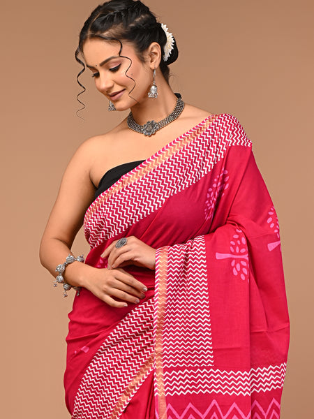 Lovwear Pink White Tree Cotton MulMul Saree with Zari Border - Fabric Texture View