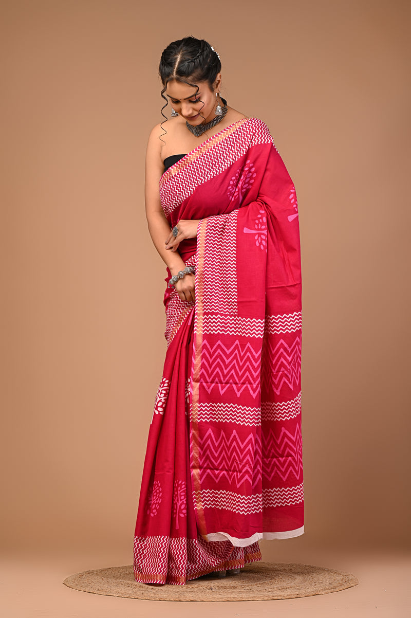 Lovwear Pink White Tree Cotton MulMul Saree with Zari Border - Pleats & Full Length View