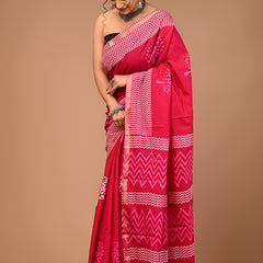 Lovwear Pink White Tree Cotton MulMul Saree with Zari Border - Pleats & Full Length View