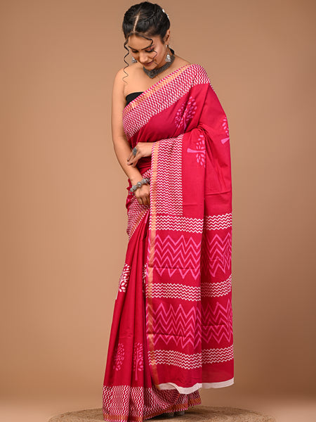 Lovwear Pink White Tree Cotton MulMul Saree with Zari Border - Pleats & Full Length View