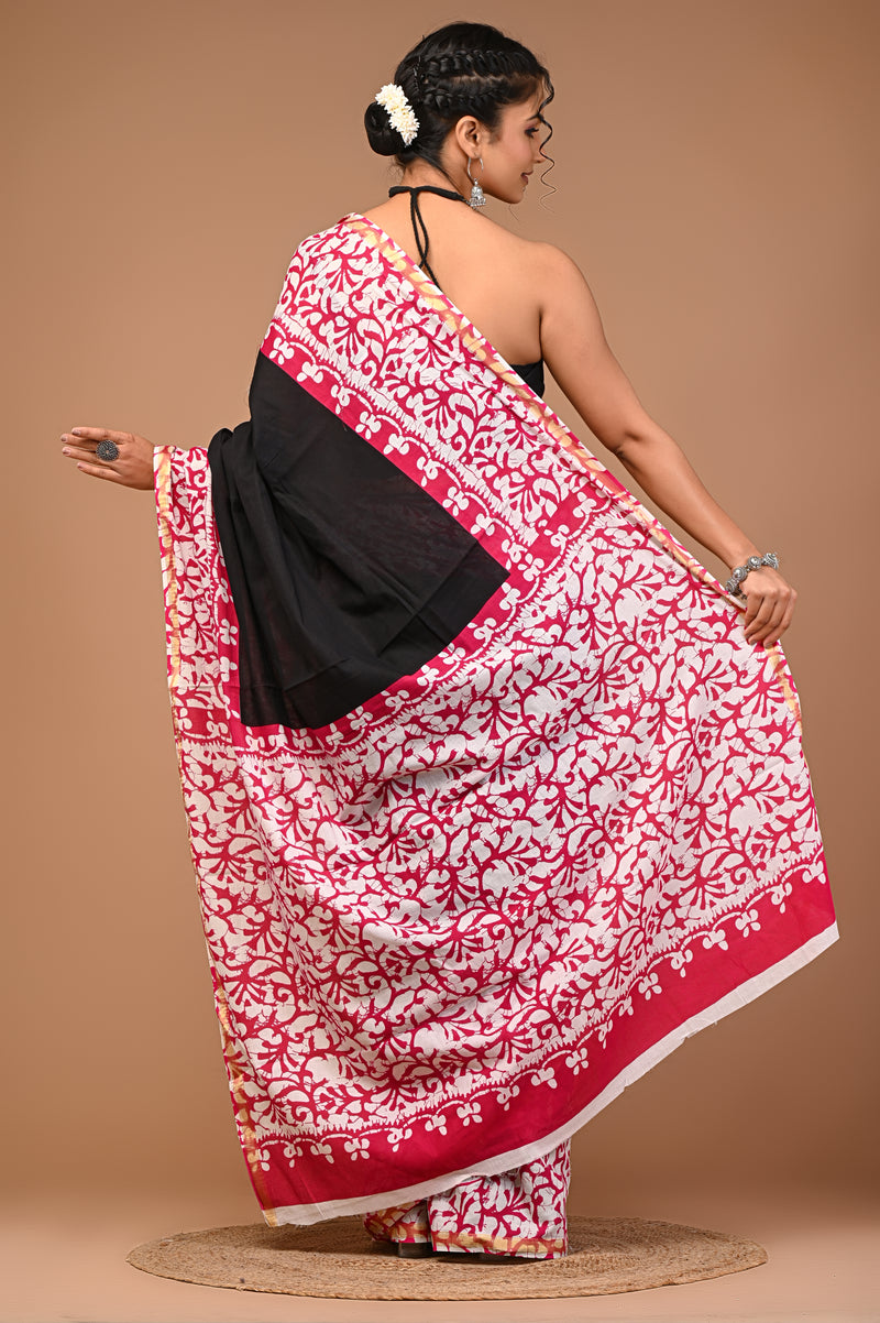 Lovwear Black & Pink Batik Print Cotton MulMul Saree with Zari Border - Front View