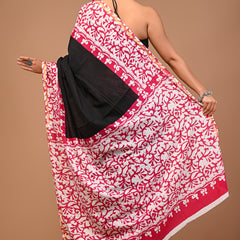 Lovwear Black & Pink Batik Print Cotton MulMul Saree with Zari Border - Front View
