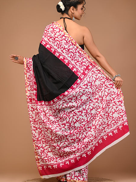 Lovwear Black & Pink Batik Print Cotton MulMul Saree with Zari Border - Front View