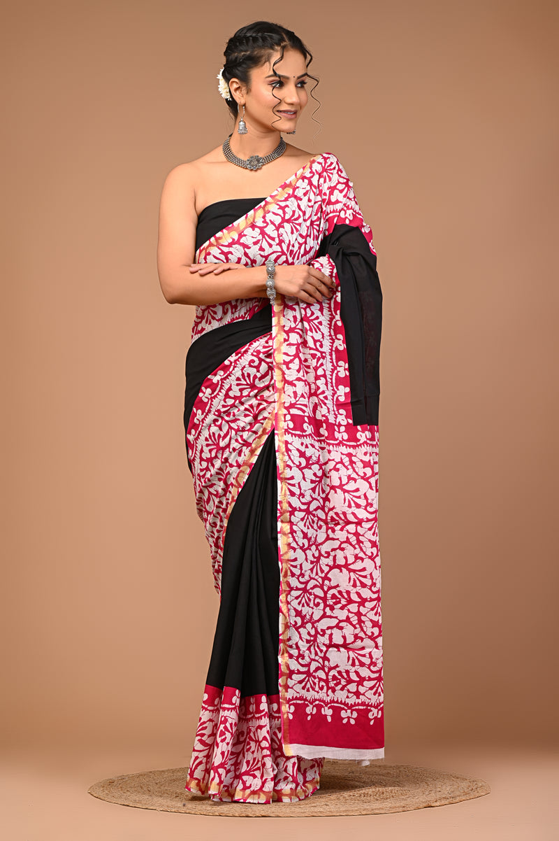 Lovwear Black & Pink Batik Print Cotton MulMul Saree with Zari Border - Pallu & Border Detail View
