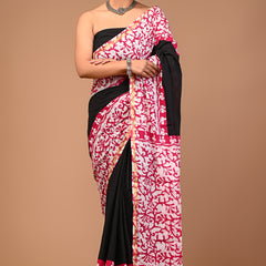 Lovwear Black & Pink Batik Print Cotton MulMul Saree with Zari Border - Pallu & Border Detail View