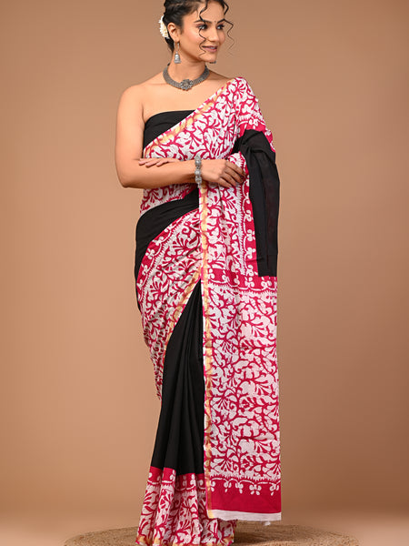 Lovwear Black & Pink Batik Print Cotton MulMul Saree with Zari Border - Pallu & Border Detail View