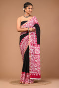 Lovwear Black & Pink Batik Print Cotton MulMul Saree with Zari Border