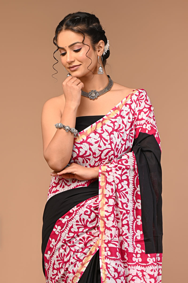 Lovwear Black & Pink Batik Print Cotton MulMul Saree with Zari Border - Fabric Texture View