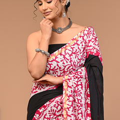 Lovwear Black & Pink Batik Print Cotton MulMul Saree with Zari Border - Fabric Texture View