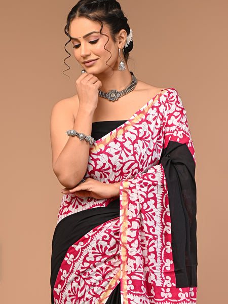 Lovwear Black & Pink Batik Print Cotton MulMul Saree with Zari Border - Fabric Texture View