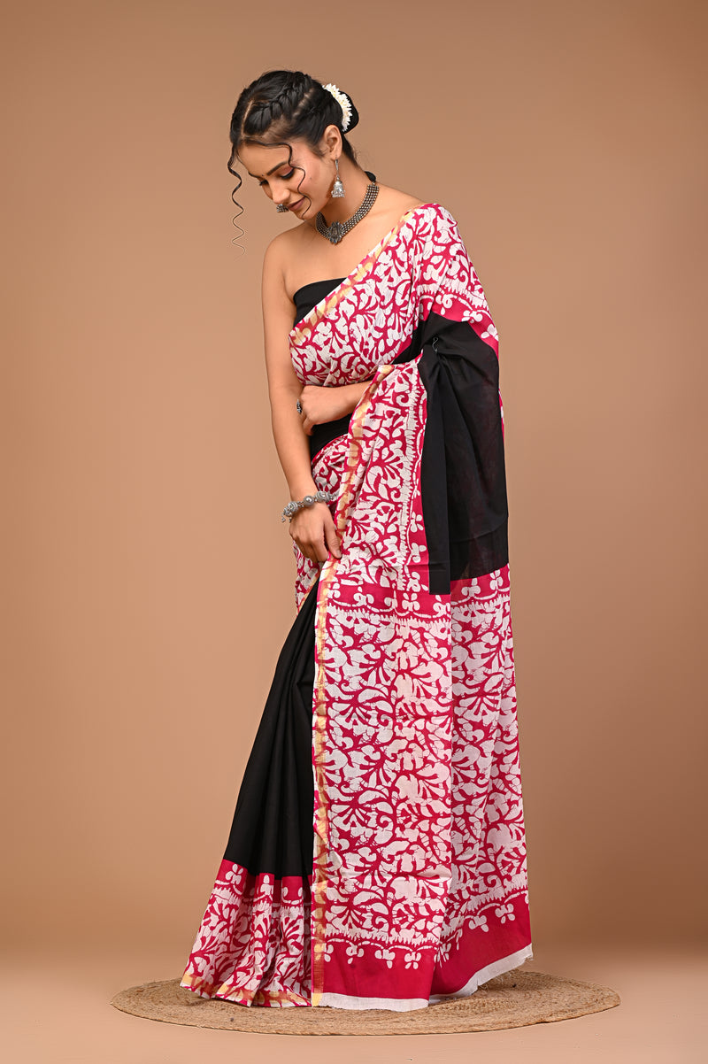 Lovwear Black & Pink Batik Print Cotton MulMul Saree with Zari Border - Pleats & Full Length View