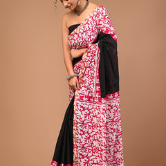 Lovwear Black & Pink Batik Print Cotton MulMul Saree with Zari Border - Pleats & Full Length View