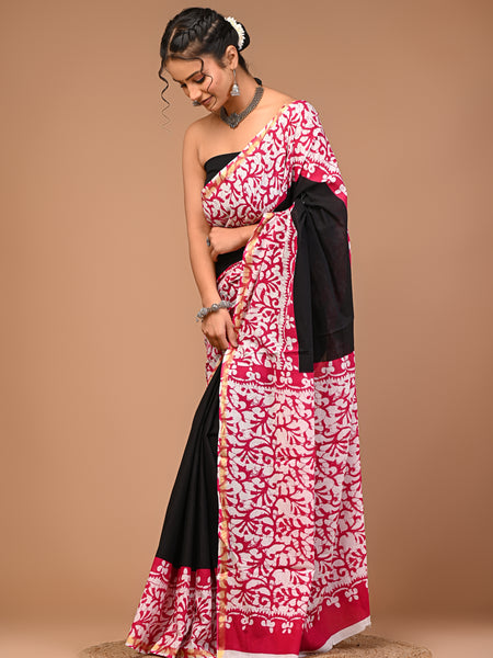 Lovwear Black & Pink Batik Print Cotton MulMul Saree with Zari Border - Pleats & Full Length View