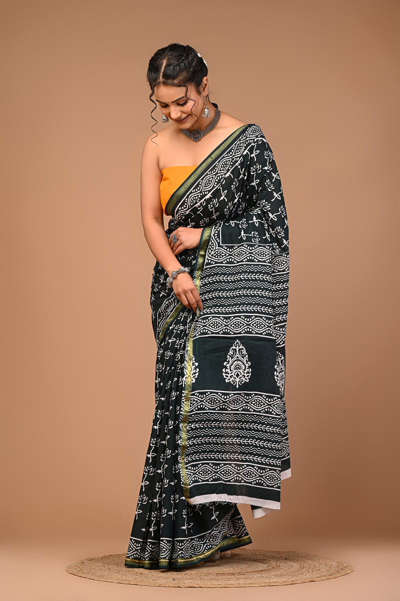 Lovwear Green V-Shape Geometric Cotton MulMul Saree with Zari Border - Pleats & Full Length View