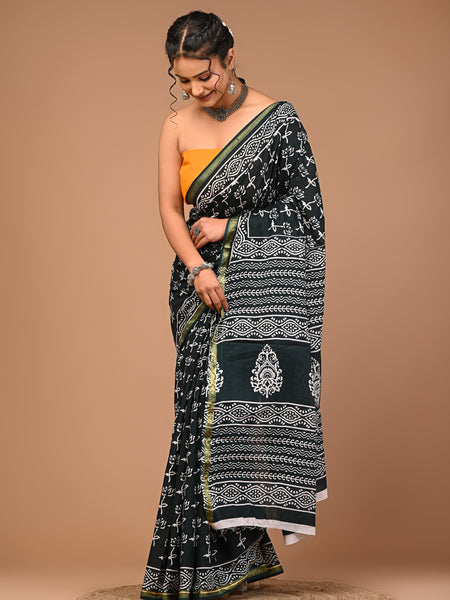 Lovwear Green V-Shape Geometric Cotton MulMul Saree with Zari Border - Pleats & Full Length View