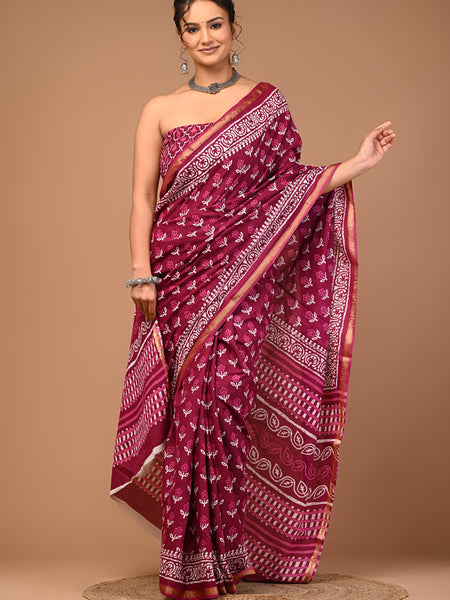 Lovwear Purple V-Shape Geometric Cotton MulMul Saree with Zari Border - Pallu & Border Detail View