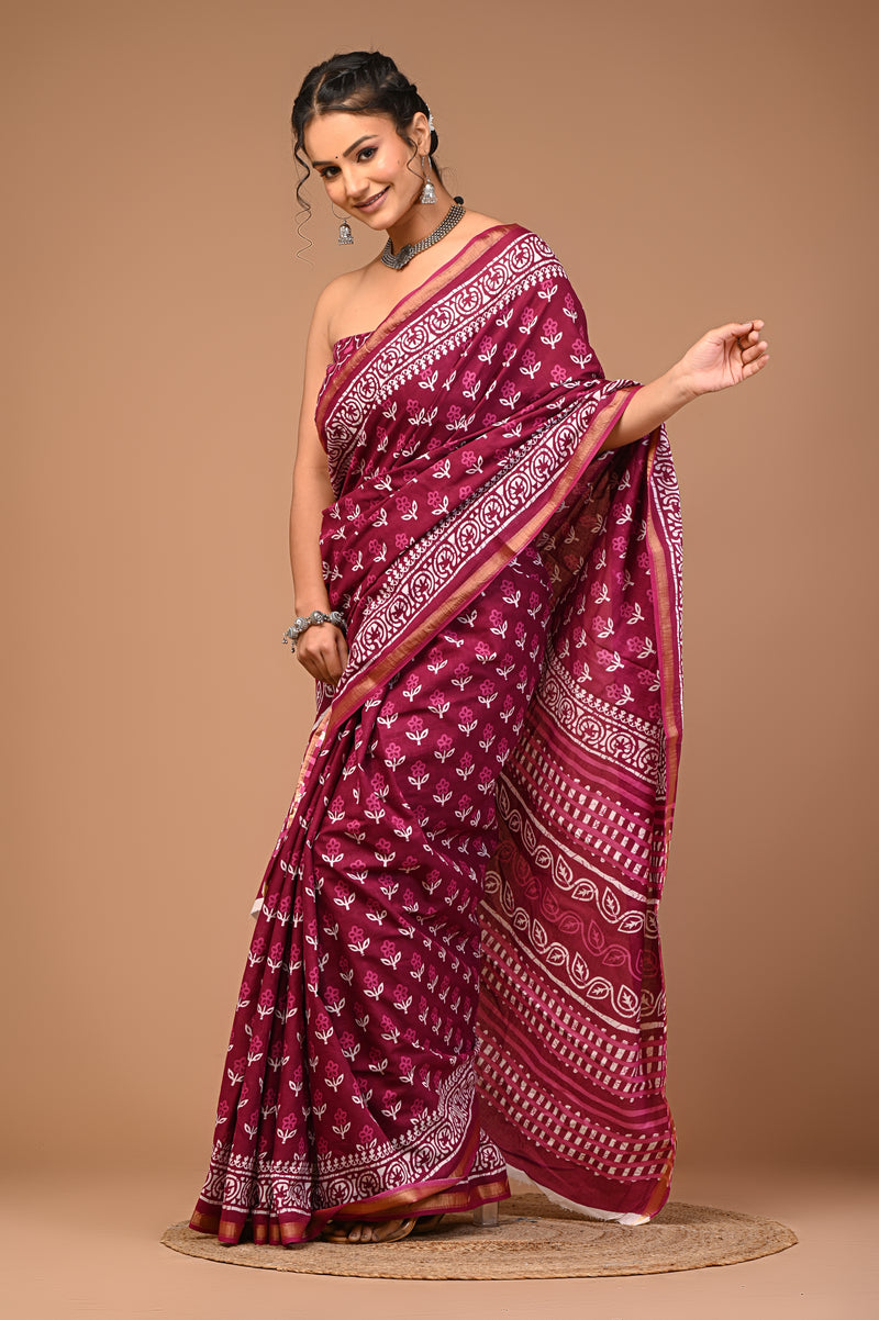 Lovwear Purple V-Shape Geometric Cotton MulMul Saree with Zari Border - Pleats & Full Length View