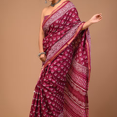 Lovwear Purple V-Shape Geometric Cotton MulMul Saree with Zari Border - Pleats & Full Length View