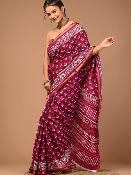 Lovwear Purple V-Shape Geometric Cotton MulMul Saree with Zari Border - Pleats & Full Length View
