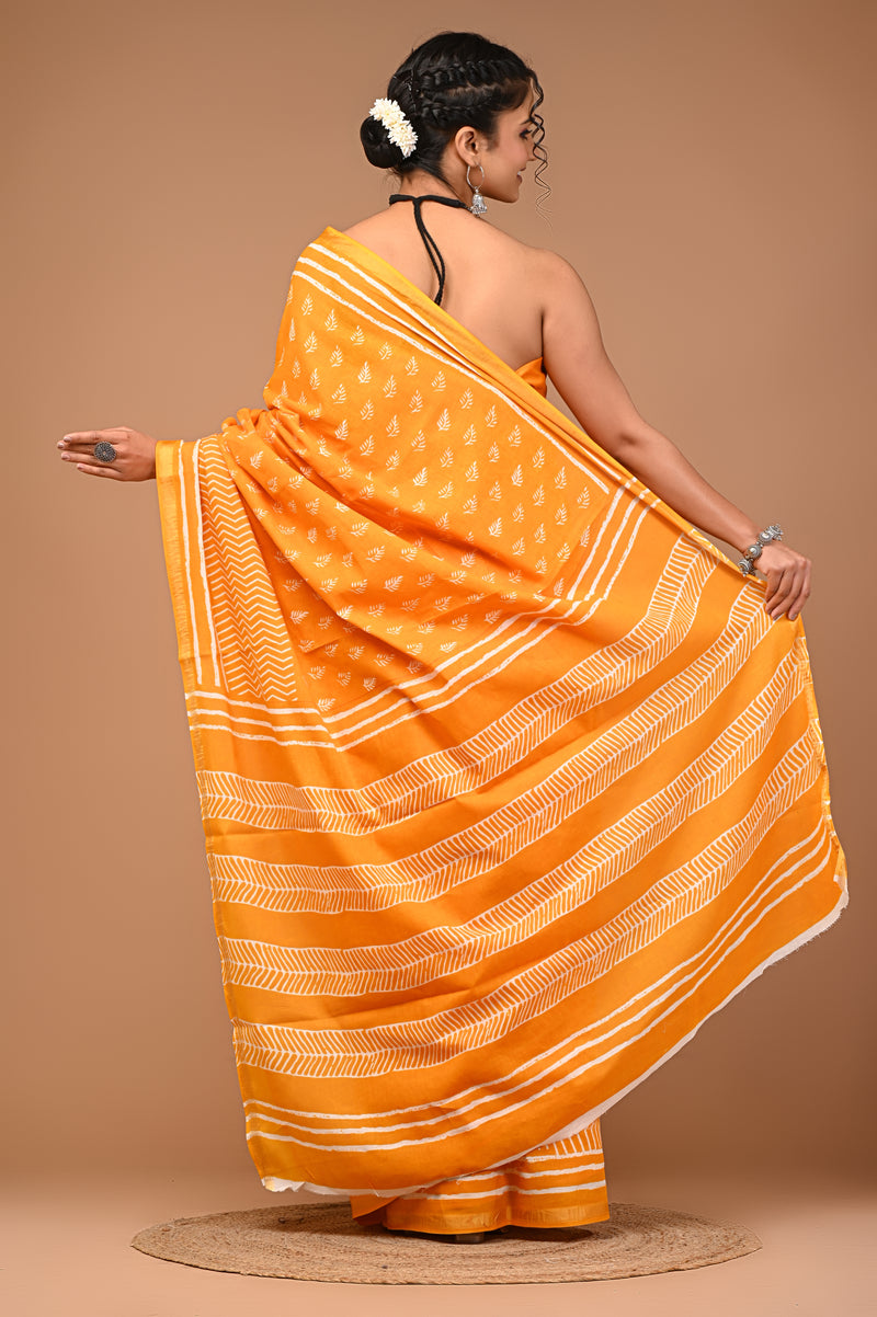 Lovwear Yellow Single Booti Cotton MulMul Saree with Zari Border - Front View