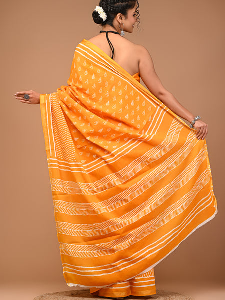 Lovwear Yellow Single Booti Cotton MulMul Saree with Zari Border - Front View