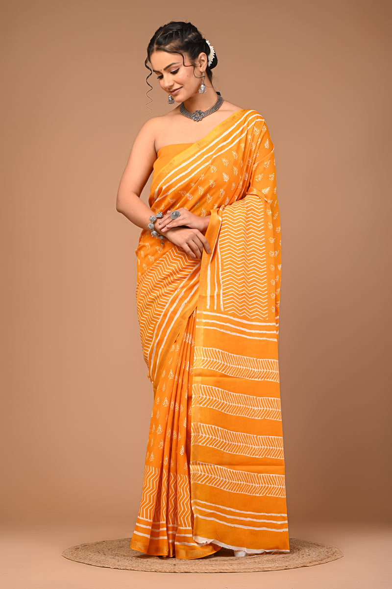 Lovwear Yellow Single Booti Cotton MulMul Saree with Zari Border - Fabric Texture View
