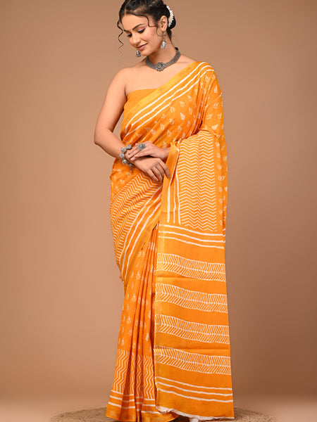 Lovwear Yellow Single Booti Cotton MulMul Saree with Zari Border - Fabric Texture View