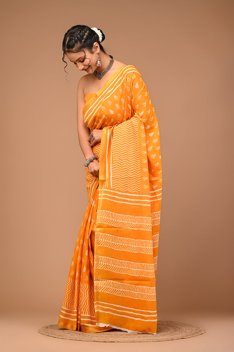 Lovwear Yellow Single Booti Cotton MulMul Saree with Zari Border - Pleats & Full Length View