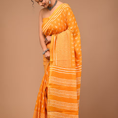 Lovwear Yellow Single Booti Cotton MulMul Saree with Zari Border - Pleats & Full Length View