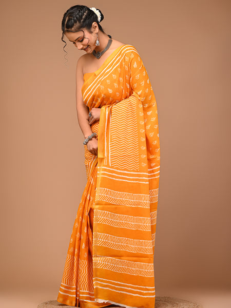 Lovwear Yellow Single Booti Cotton MulMul Saree with Zari Border - Pleats & Full Length View
