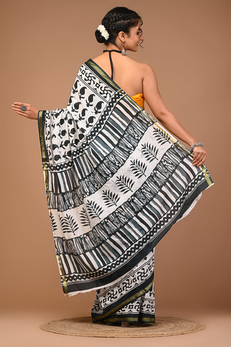 Lovwear White & Green Green Booti Cotton MulMul Saree with Zari Border - Front View