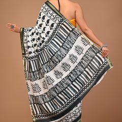 Lovwear White & Green Green Booti Cotton MulMul Saree with Zari Border - Front View