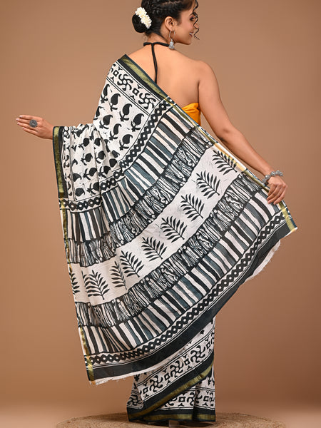 Lovwear White & Green Green Booti Cotton MulMul Saree with Zari Border - Front View