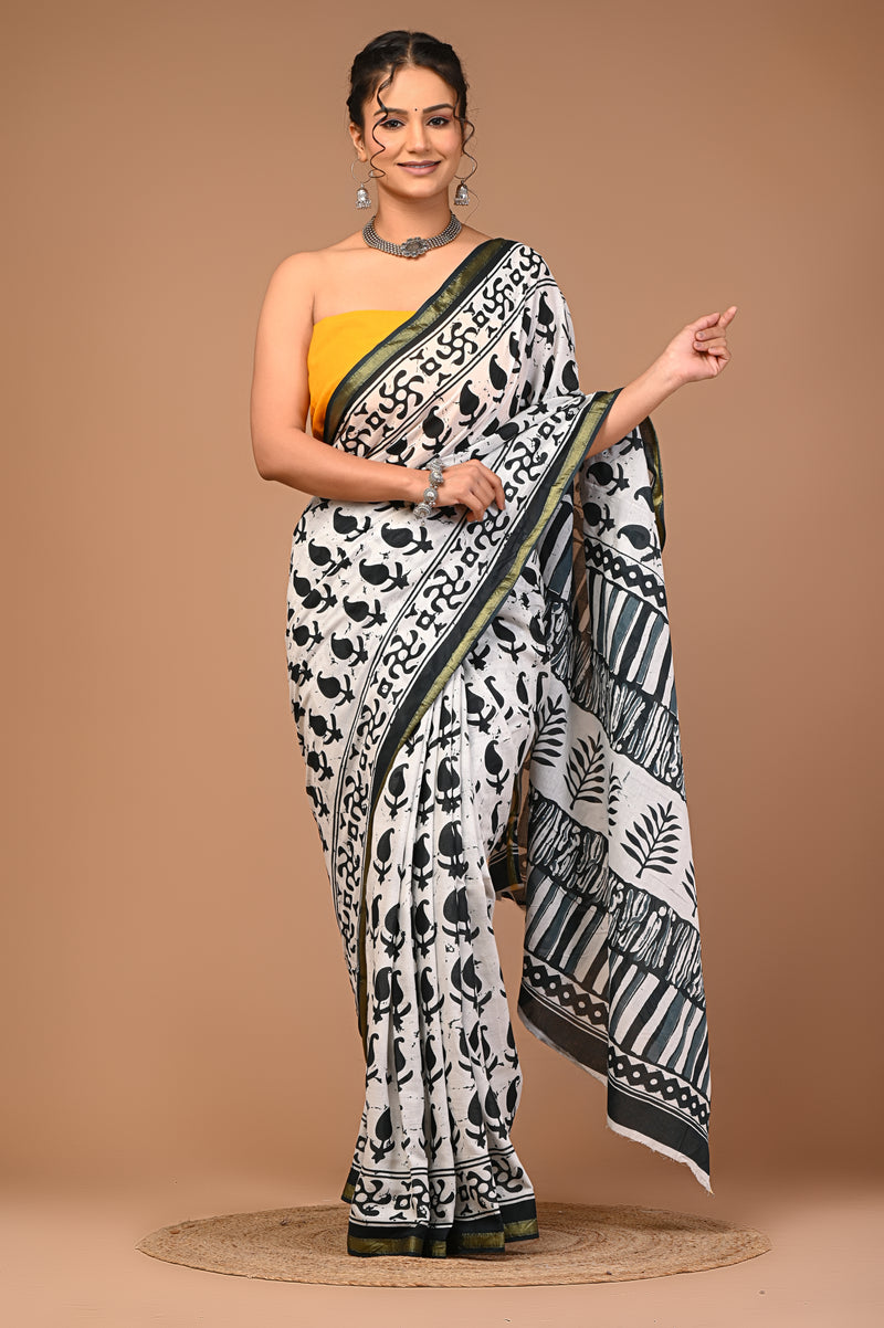 Lovwear White & Green Green Booti Cotton MulMul Saree with Zari Border - Pallu & Border Detail View