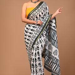 Lovwear White & Green Green Booti Cotton MulMul Saree with Zari Border - Pallu & Border Detail View