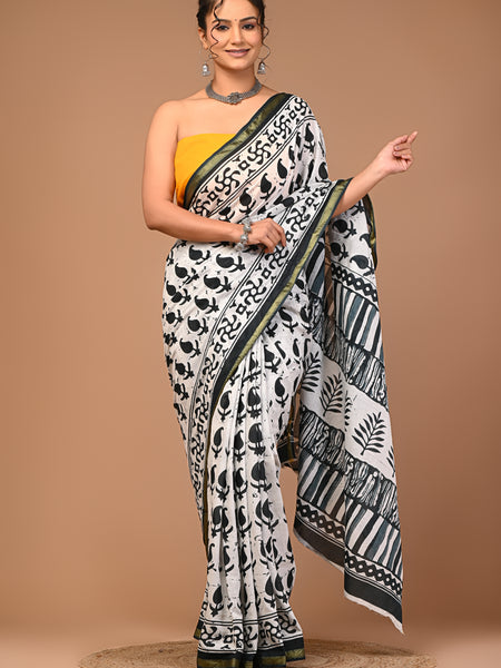 Lovwear White & Green Green Booti Cotton MulMul Saree with Zari Border - Pallu & Border Detail View