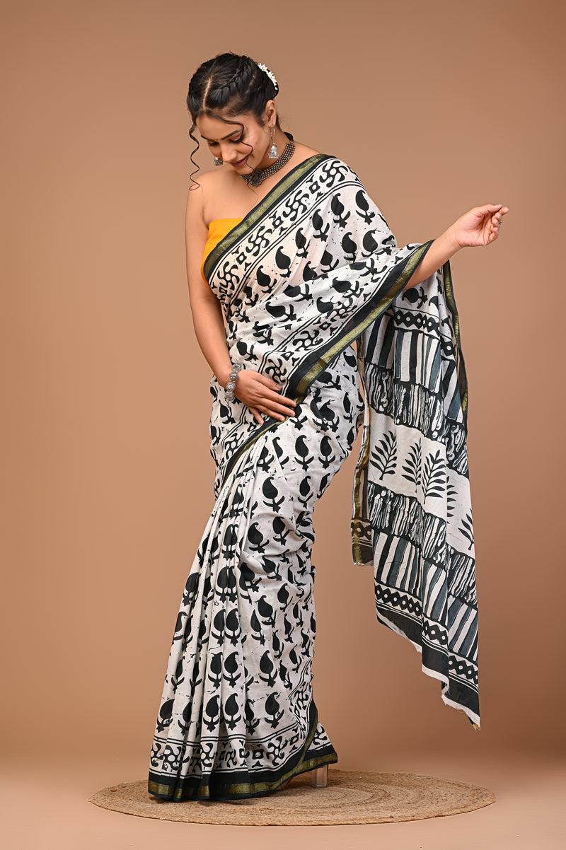 Lovwear White & Green Green Booti Cotton MulMul Saree with Zari Border - Pleats & Full Length View