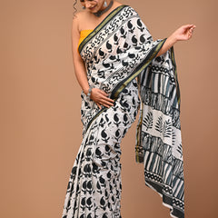 Lovwear White & Green Green Booti Cotton MulMul Saree with Zari Border - Pleats & Full Length View