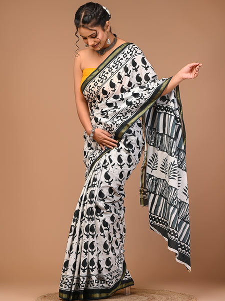 Lovwear White & Green Green Booti Cotton MulMul Saree with Zari Border - Pleats & Full Length View