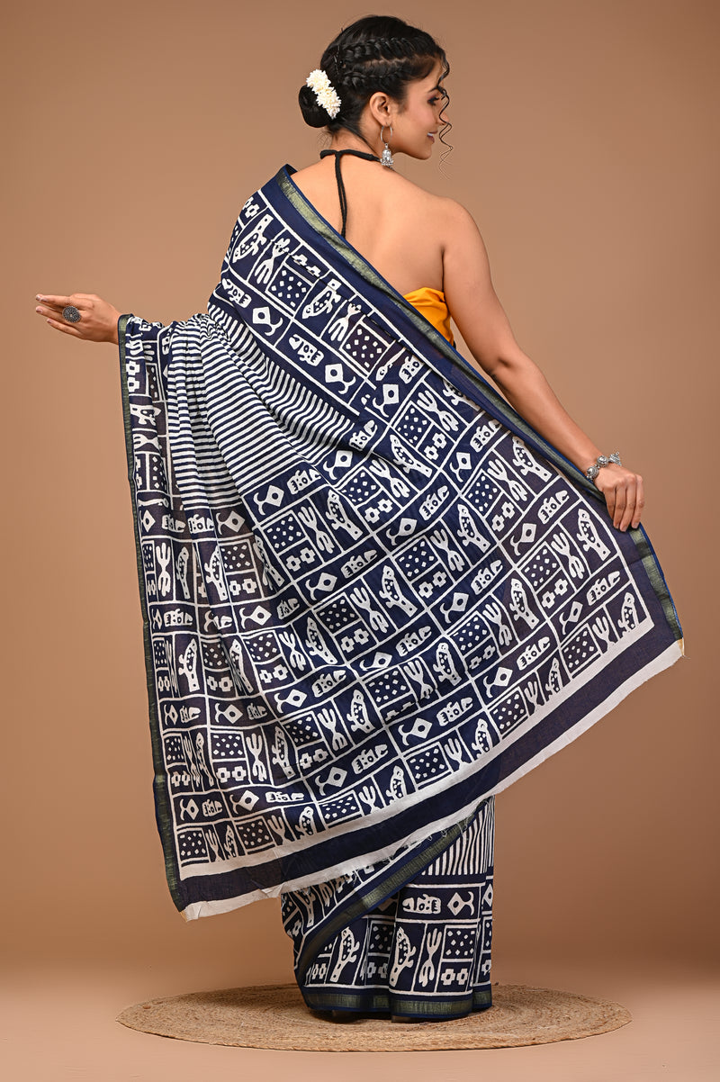 Lovwear Blue Indigo Line Cotton MulMul Saree with Zari Border - Front View