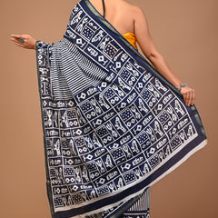 Lovwear Blue Indigo Line Cotton MulMul Saree with Zari Border - Front View