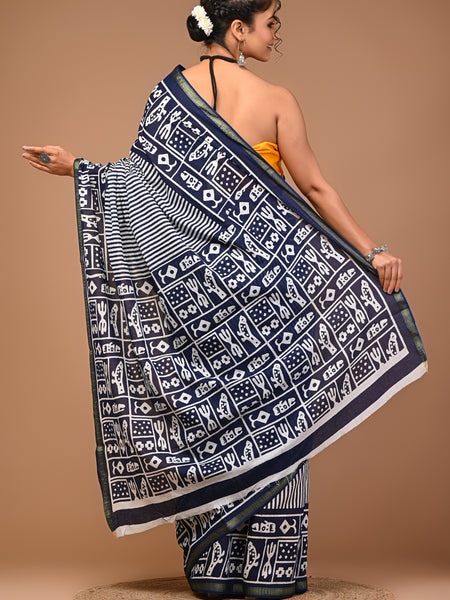 Lovwear Blue Indigo Line Cotton MulMul Saree with Zari Border - Front View