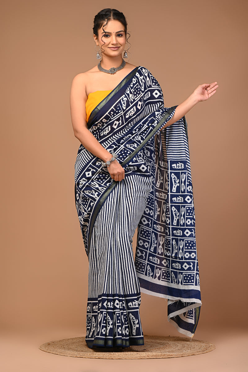 Lovwear Blue Indigo Line Cotton MulMul Saree with Zari Border - Pallu & Border Detail View