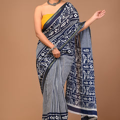 Lovwear Blue Indigo Line Cotton MulMul Saree with Zari Border - Pallu & Border Detail View