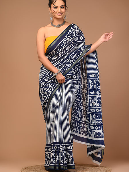 Lovwear Blue Indigo Line Cotton MulMul Saree with Zari Border - Pallu & Border Detail View