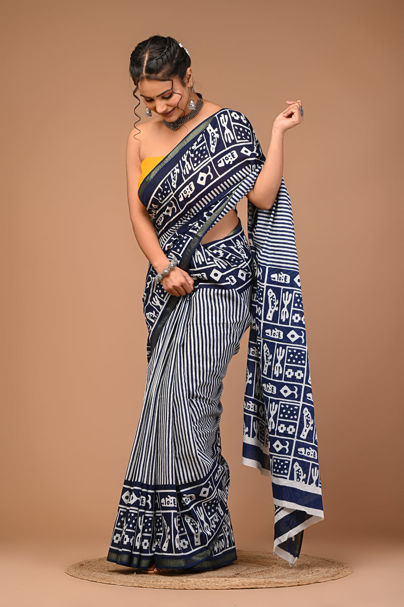 Lovwear Blue Indigo Line Cotton MulMul Saree with Zari Border - Pleats & Full Length View