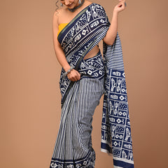 Lovwear Blue Indigo Line Cotton MulMul Saree with Zari Border - Pleats & Full Length View